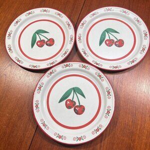 VTG 3 Enamelware White Bold Red Rim Cherry Design 10.5" D Plate Retro Farmhouse